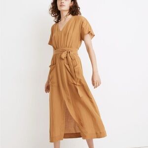 Madewell Linen-Blend Dolman-Sleeve Tie-Waist Midi Dress-size 2- EUC